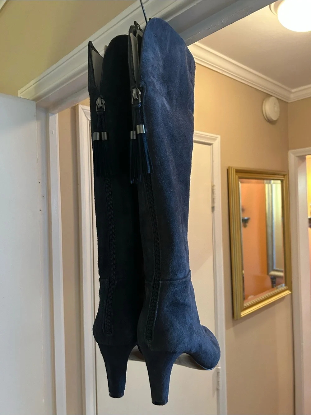 Bandolino Navy Suede Knee-High Boots With Back Fringe Tassels 8M